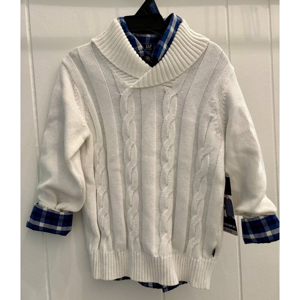 Gap Boys Button Up Shirt Sweater Set Cable Knit White Blue Plaid Size XS 4/5